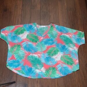 Adrienne Colorful Tropical Leaf Print Oversized Blouse size Medium/Large